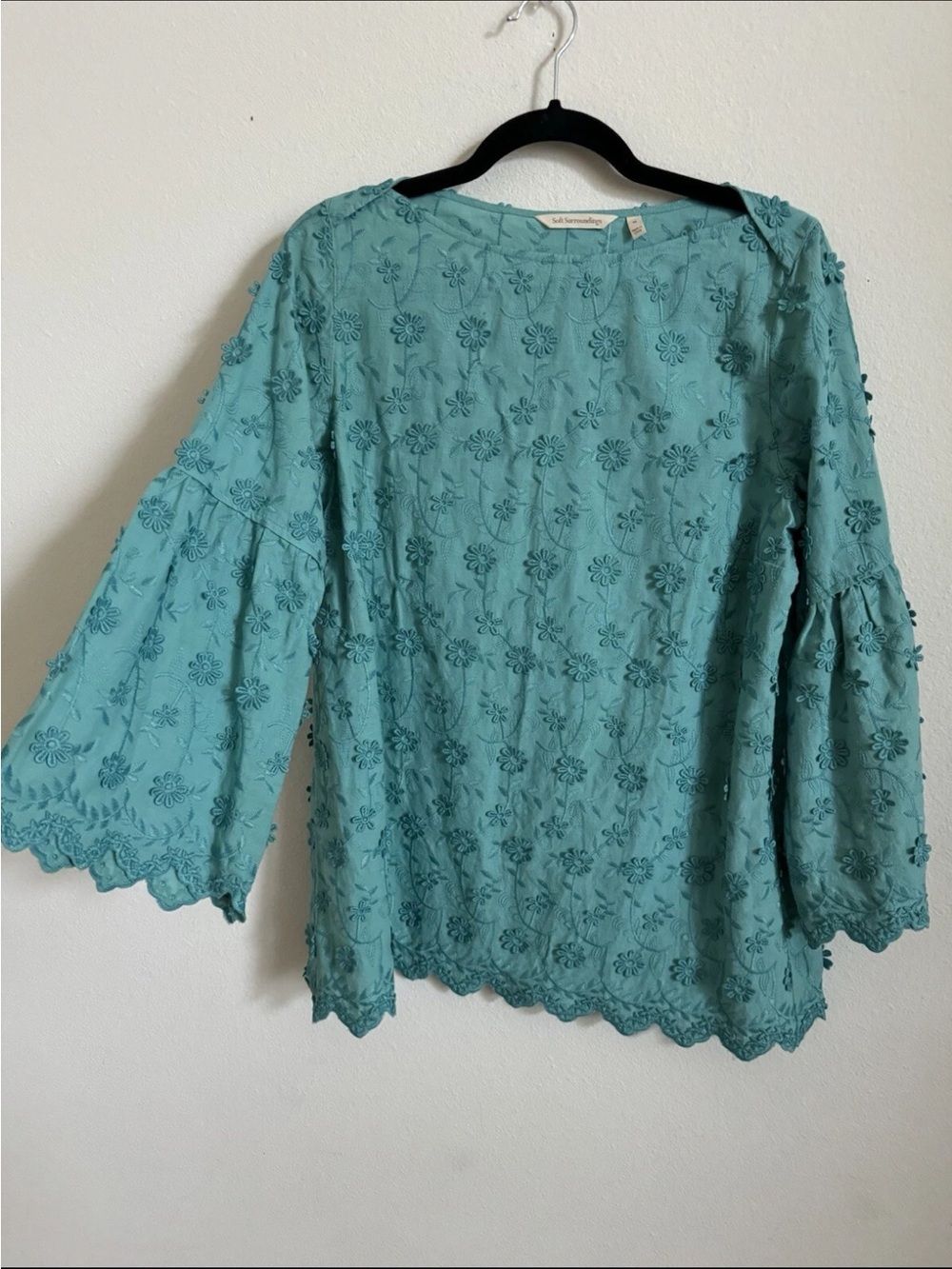 NWT Soft Surroundings CottonRosalie Floral Turquoise Blue Embroidered Blouse M